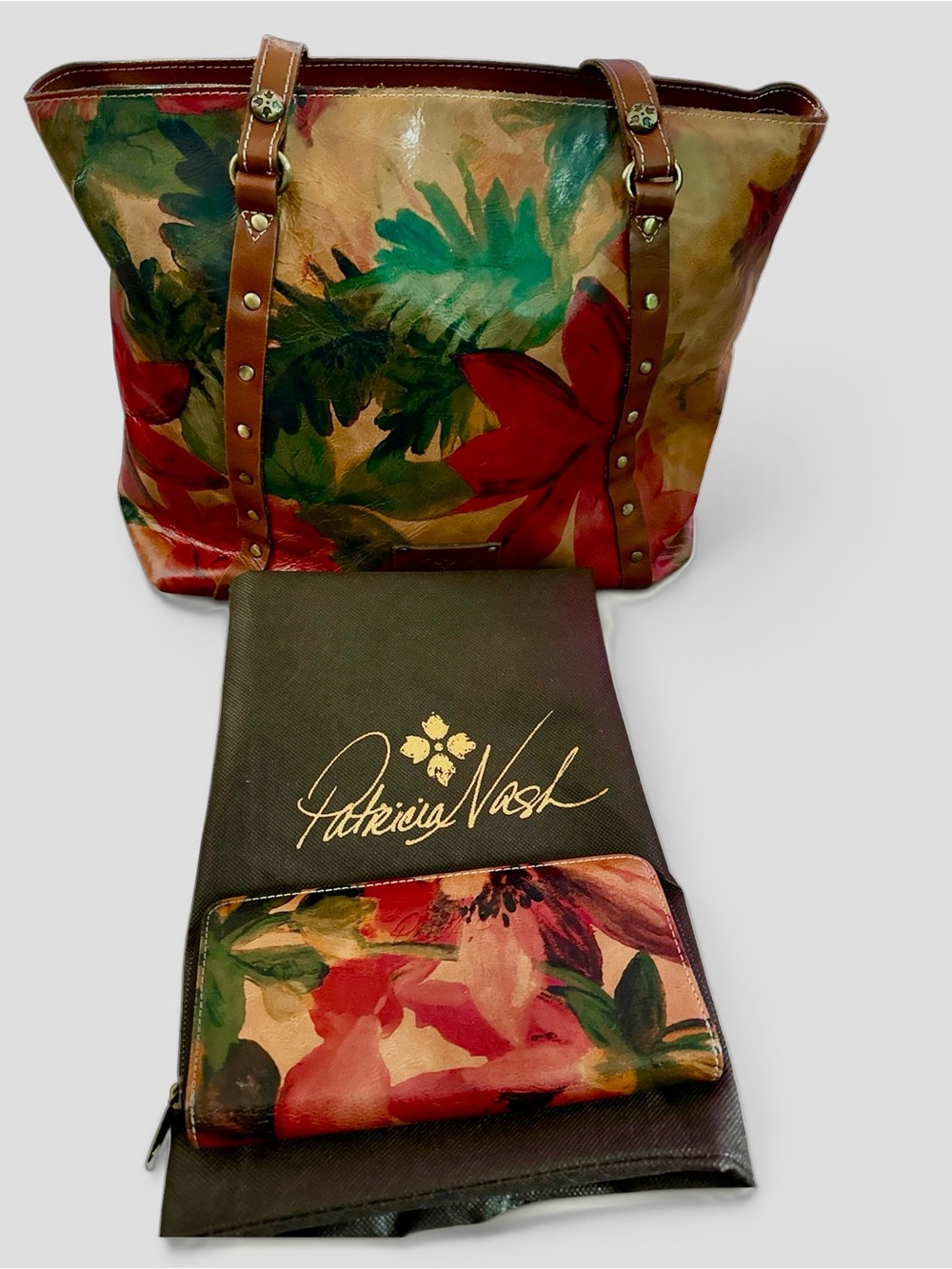 Patricia Nash Painted Floral Leather Tote and Wallet in Red, Green, Tan